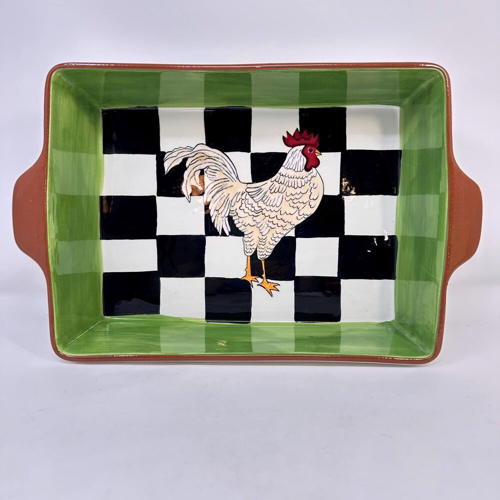Home Essentials & Beyond Ceramic Checkerboard Rooster Rectangle Baking Dish Lasa